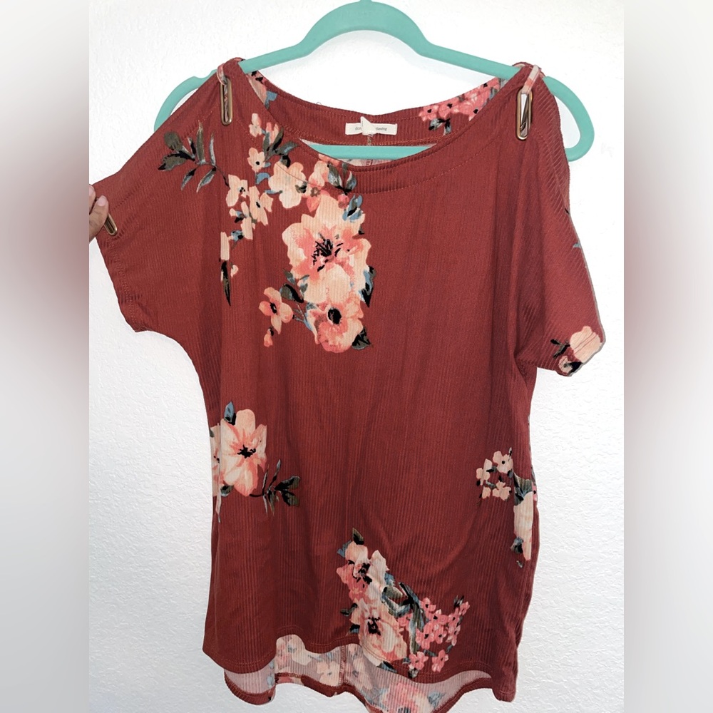 Burnt orange with flowers , loose fitted shirt Size : L